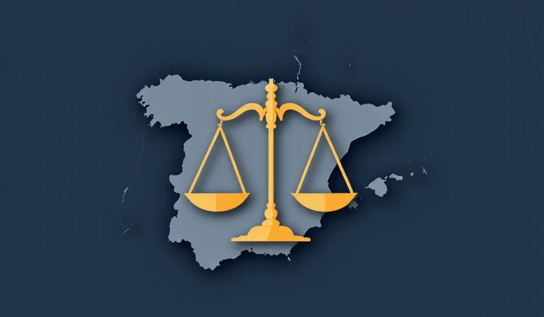 Balanza de justicia con código legal y un mapa de España