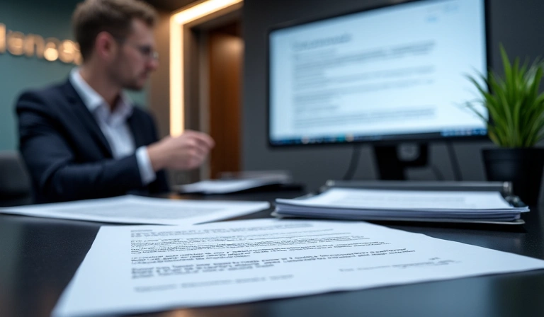 Oficina moderna con logotipos de empresas y documentos legales