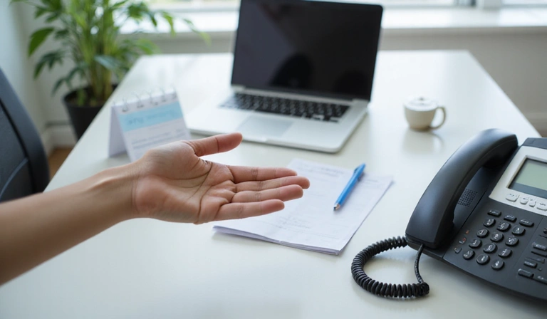 Mano amigable extendiéndose hacia el calendario y teléfono para agendar una cita online
